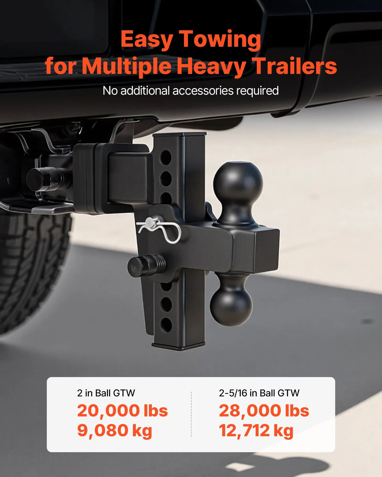 Adjustable Trailer Hitch – 2.5" Receiver, Dual Ball 2" & 2-5/16", 28,000 lb