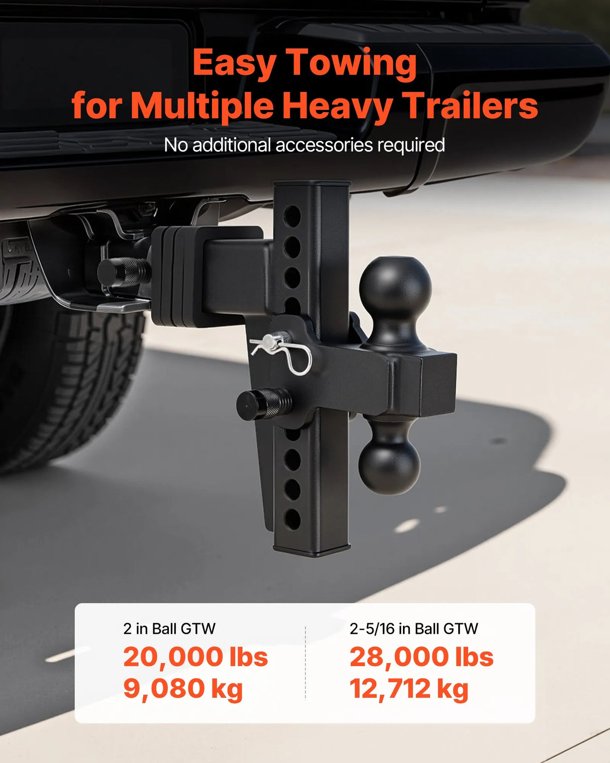 Adjustable Trailer Hitch – 2.5" Receiver, Dual Ball 2" & 2-5/16", 28,000 lb, 8" Drop