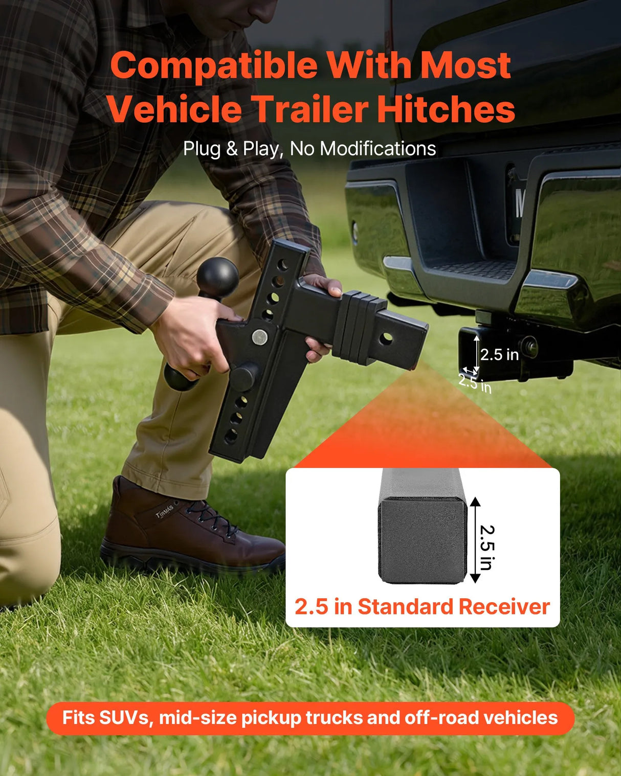 Adjustable Trailer Hitch – 2.5" Receiver, Dual Ball 2" & 2-5/16", 28,000 lb, 8" Drop