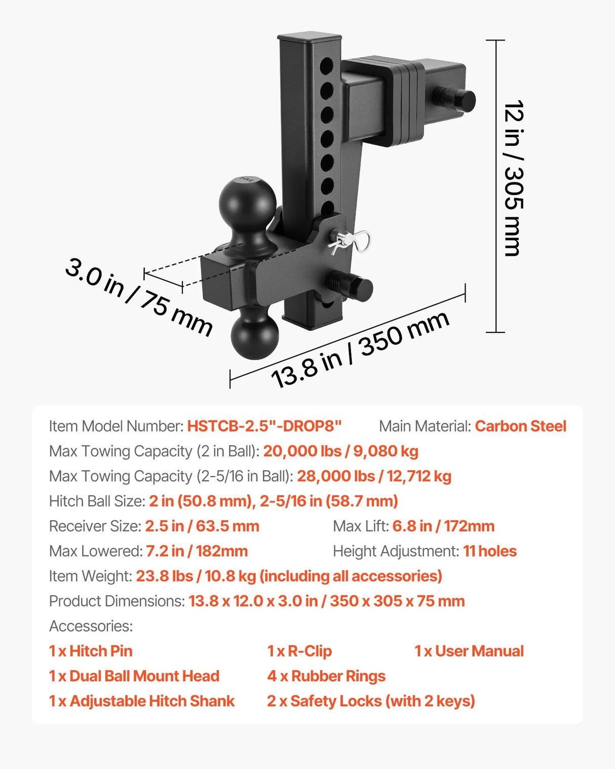 Adjustable Trailer Hitch – 2.5" Receiver, Dual Ball 2" & 2-5/16", 28,000 lb, 8" Drop
