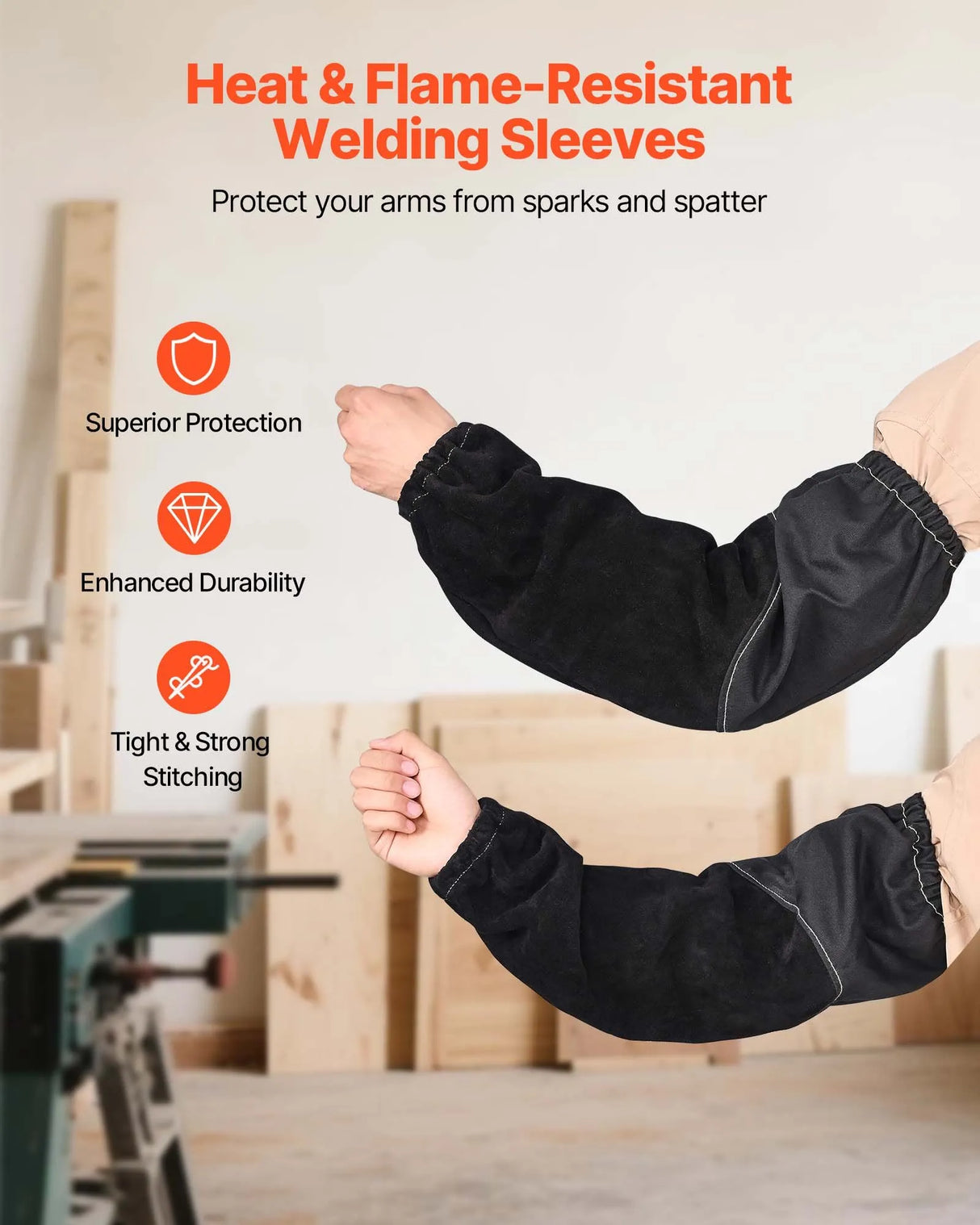 VEVOR Flame Resistant Welding Sleeves – Cowhide Leather & FR Cotton (Pair)
