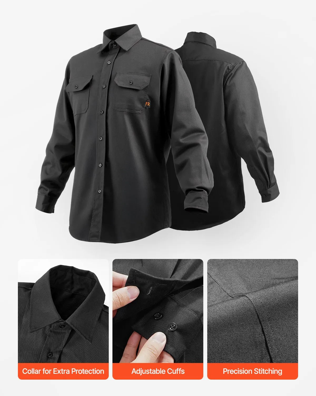 VEVOR Flame-Resistant Welding Jacket – 7 oz FR Cotton, ATPV 9.2, Black
