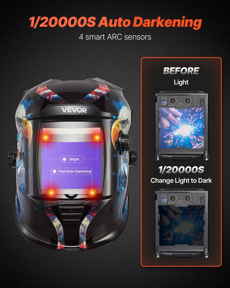 VEVOR Auto-Darkening Welding Helmet – True Color, Solar Powered, 4 Arc Sensors, National Flag
