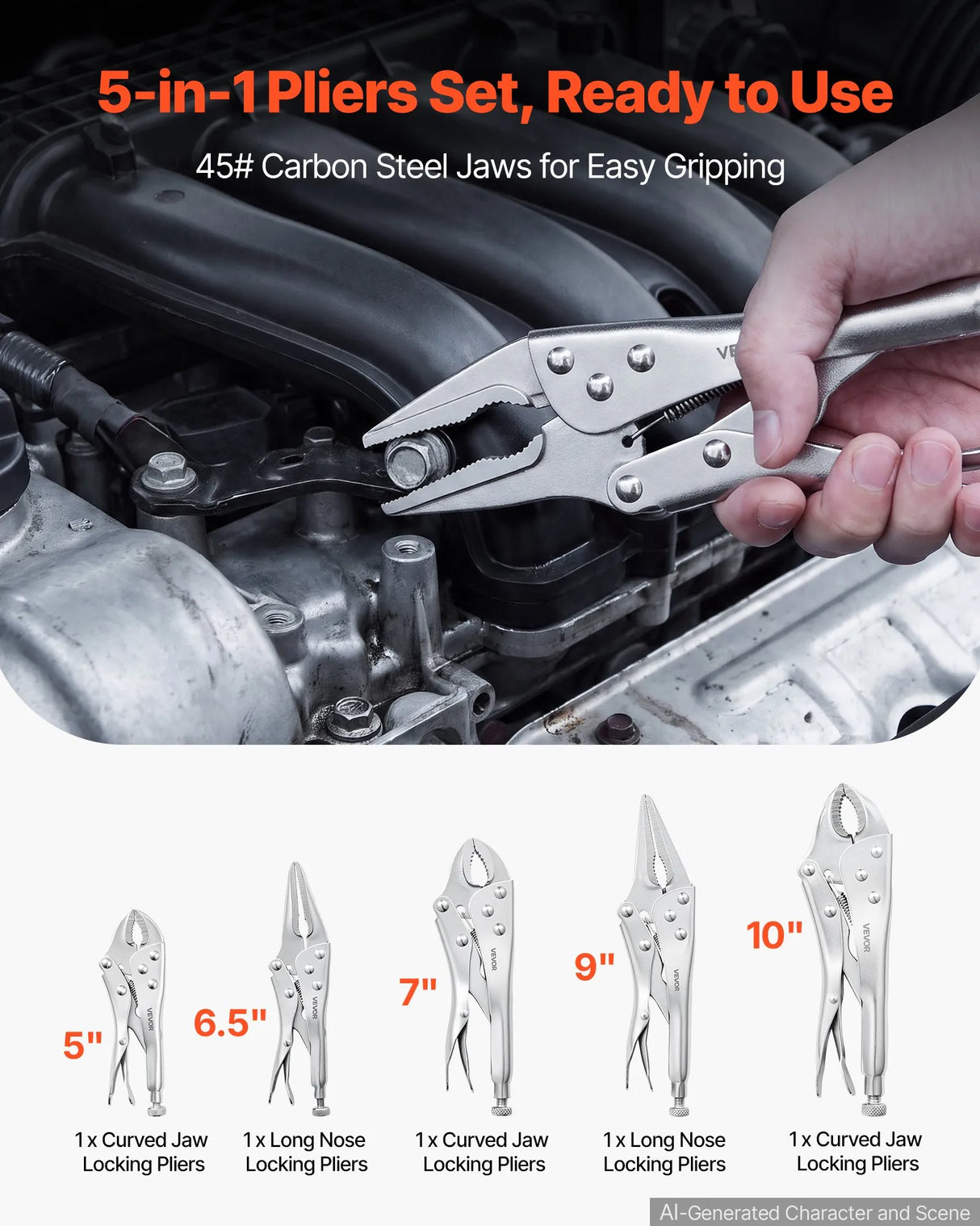 5-Piece Locking Pliers Set – 5", 6.5", 7", 9" & 10" Curved Jaw & Long Nose Vise Grip Set
