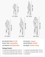 5-Piece Locking Pliers Set – 5", 6.5", 7", 9" & 10" Curved Jaw & Long Nose Vise Grip Set