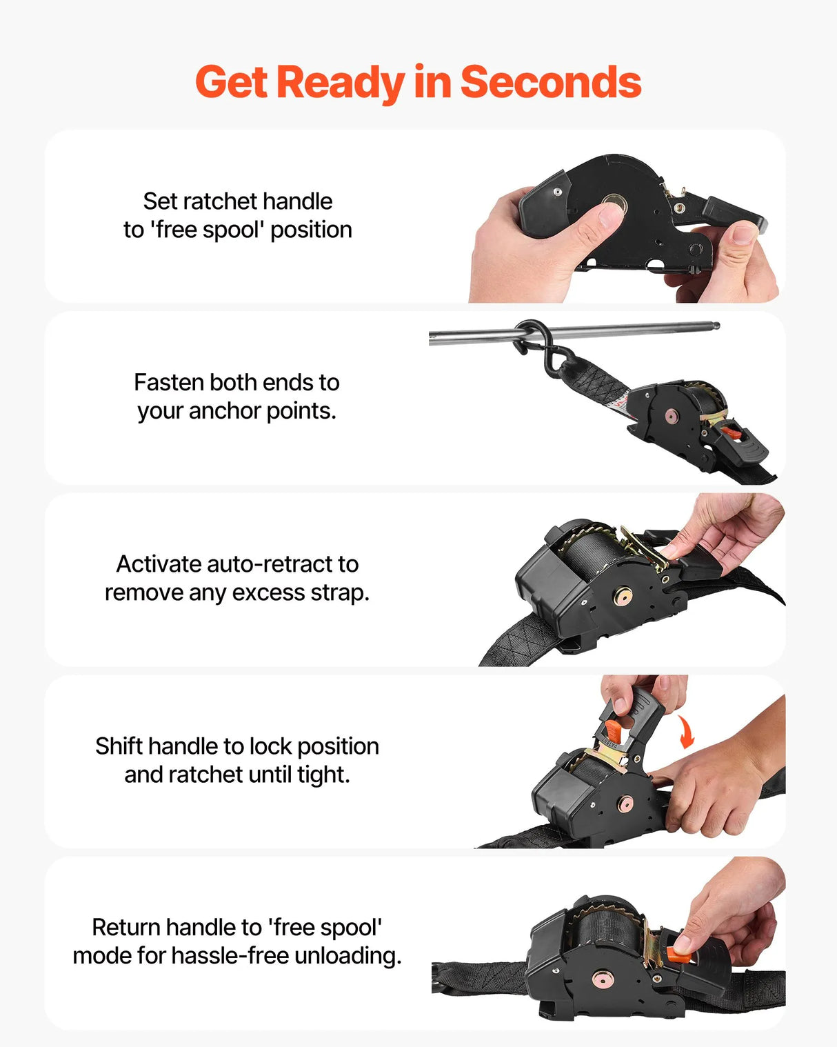 VEVOR Retractable Ratchet Tie Down Straps | Multiple Sizes | Heavy Duty