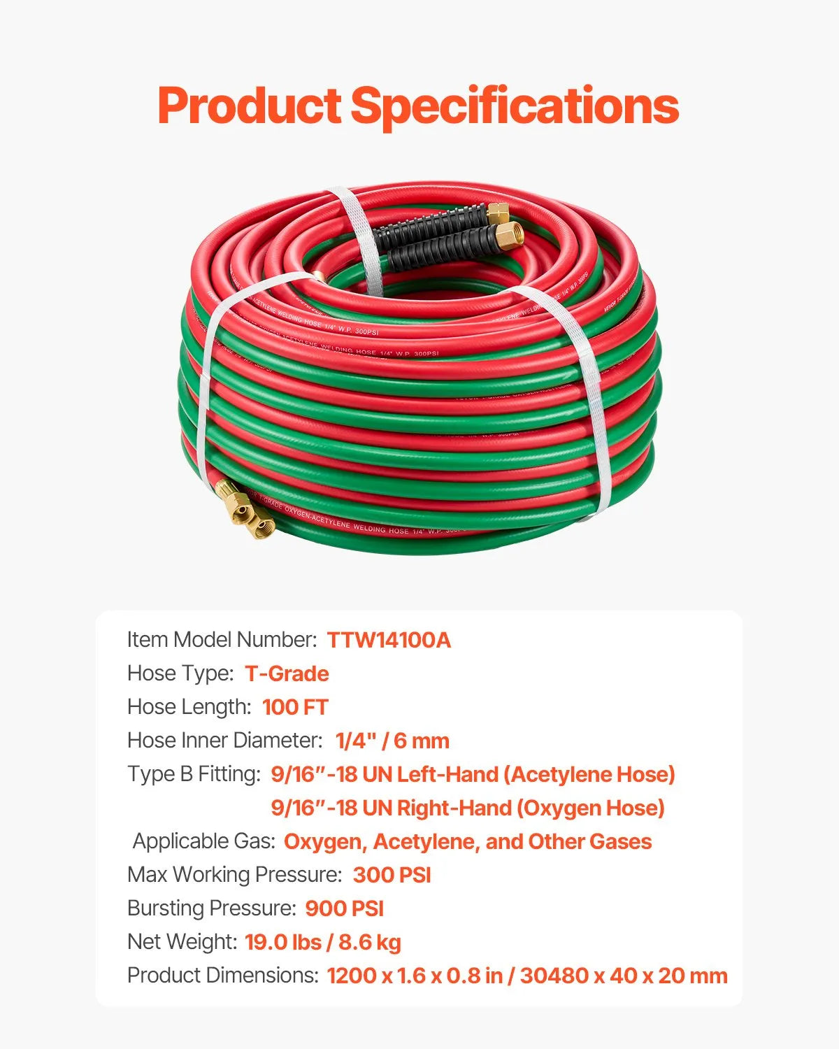 VEVOR Oxygen Acetylene Twin Welding Hose | 1/4" ID | 300 PSI | T Grade | 15 ft, 25 ft & 50 ft