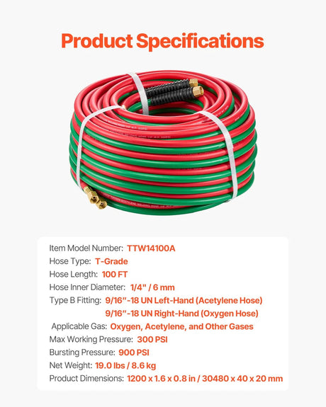 VEVOR Oxygen Acetylene Twin Welding Hose | 1/4" ID | 300 PSI | T Grade | 15 ft, 25 ft & 50 ft