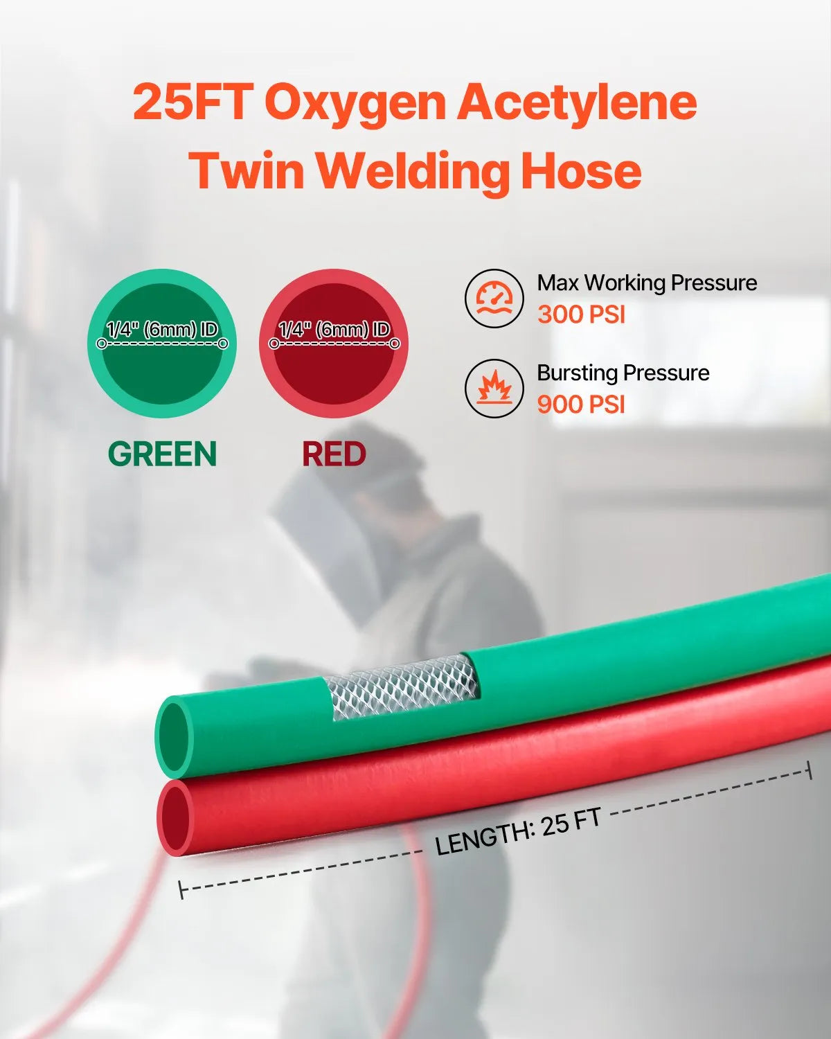 VEVOR Oxygen Acetylene Twin Welding Hose | 1/4" ID | 300 PSI | T Grade | 15 ft, 25 ft & 50 ft
