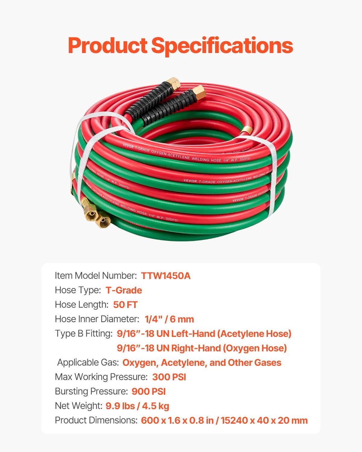 VEVOR Oxygen Acetylene Twin Welding Hose | 1/4" ID | 300 PSI | T Grade | 15 ft, 25 ft & 50 ft