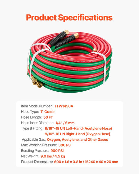 VEVOR Oxygen Acetylene Twin Welding Hose | 1/4" ID | 300 PSI | T Grade | 15 ft, 25 ft & 50 ft