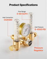 Dual Output Argon Flow Meter Regulator with Dual 6.6 ft Hoses – CGA580 TIG MIG Welding Gas Regulator