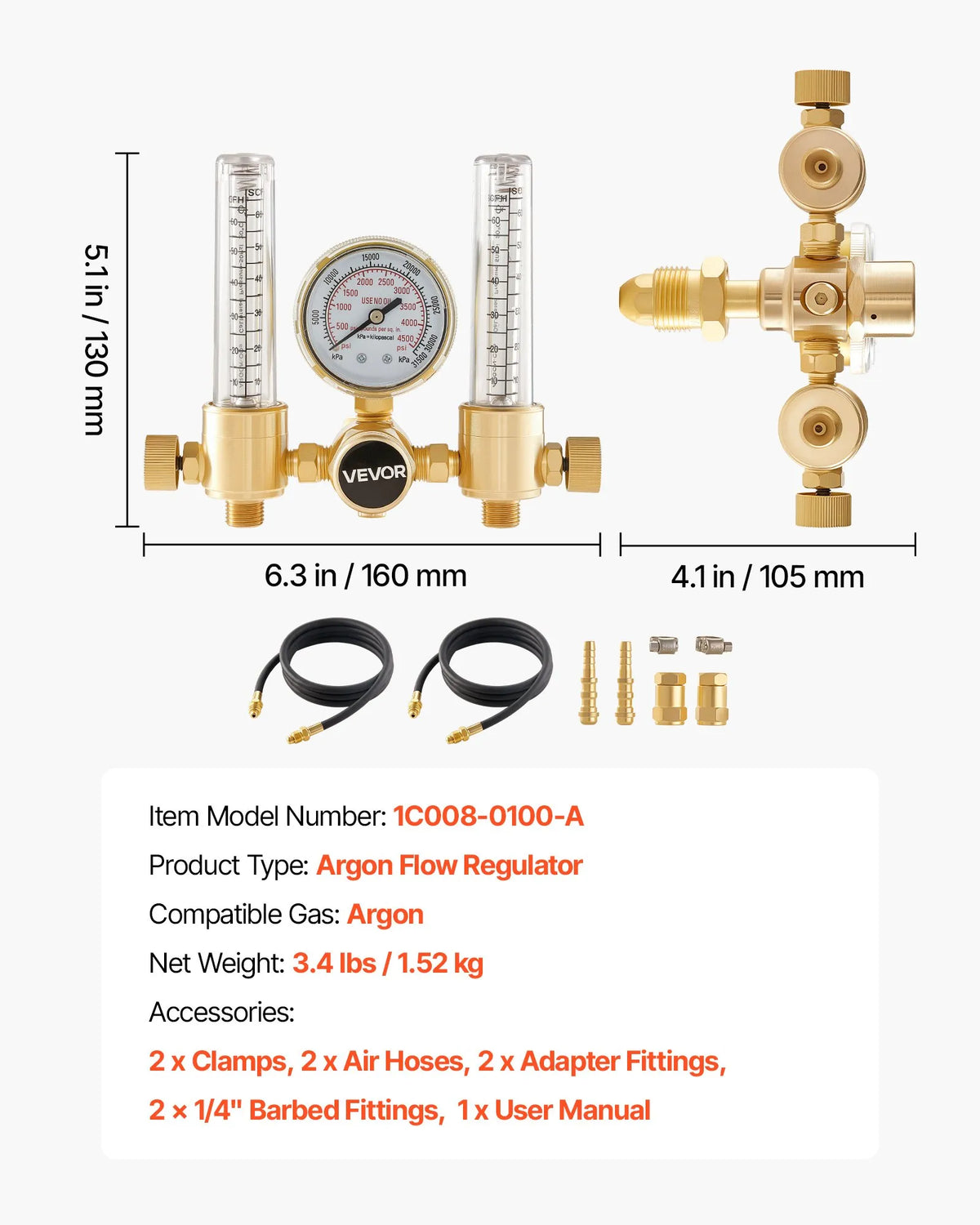 Dual Output Argon Flow Meter Regulator with Dual 6.6 ft Hoses – CGA580 TIG MIG Welding Gas Regulator