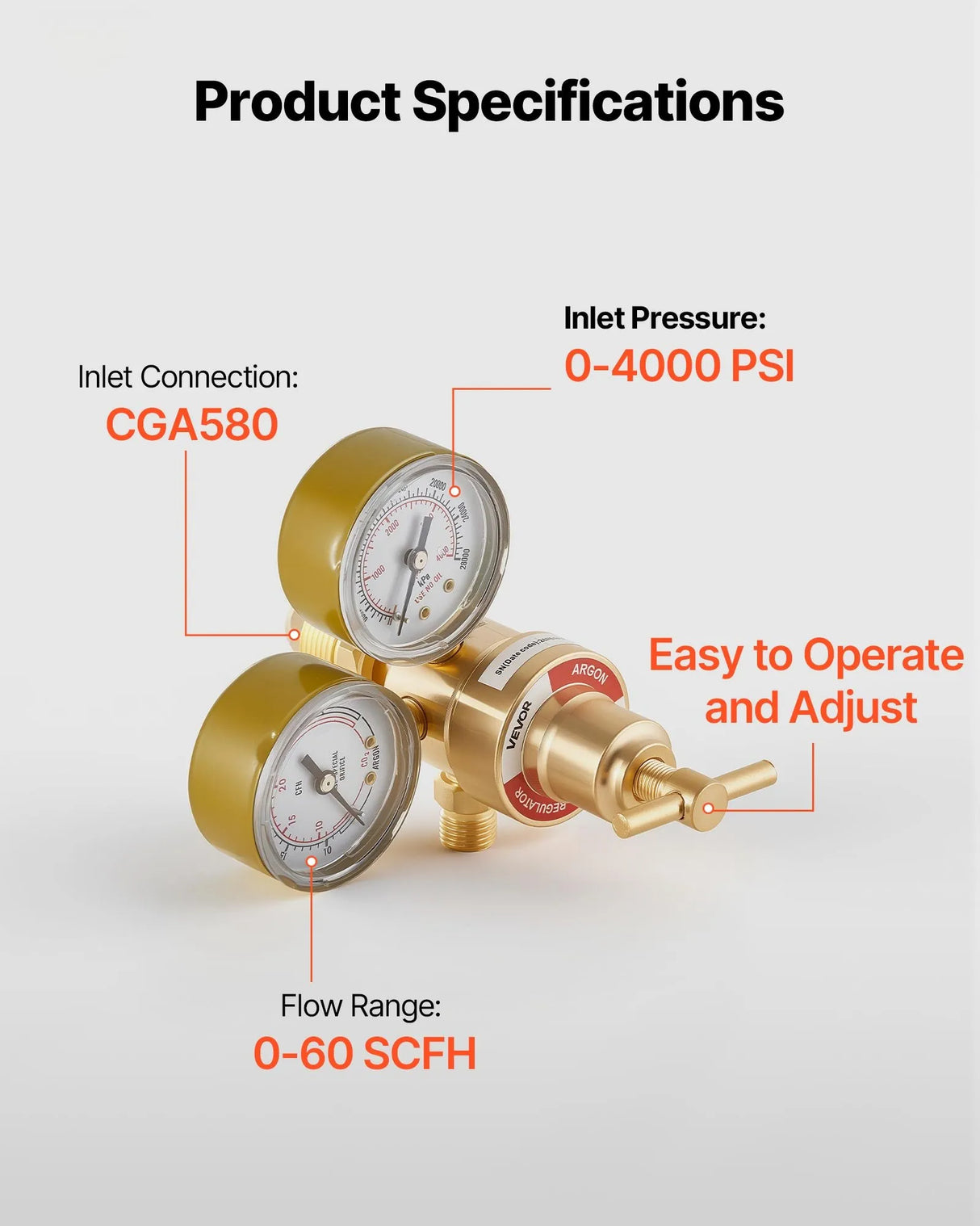 VEVOR Argon CO₂ Regulator with 8.2 ft Hose, Dual Gauges, CGA-580 Inlet, 0–60 SCFH Flow Meter for MIG & TIG Welding