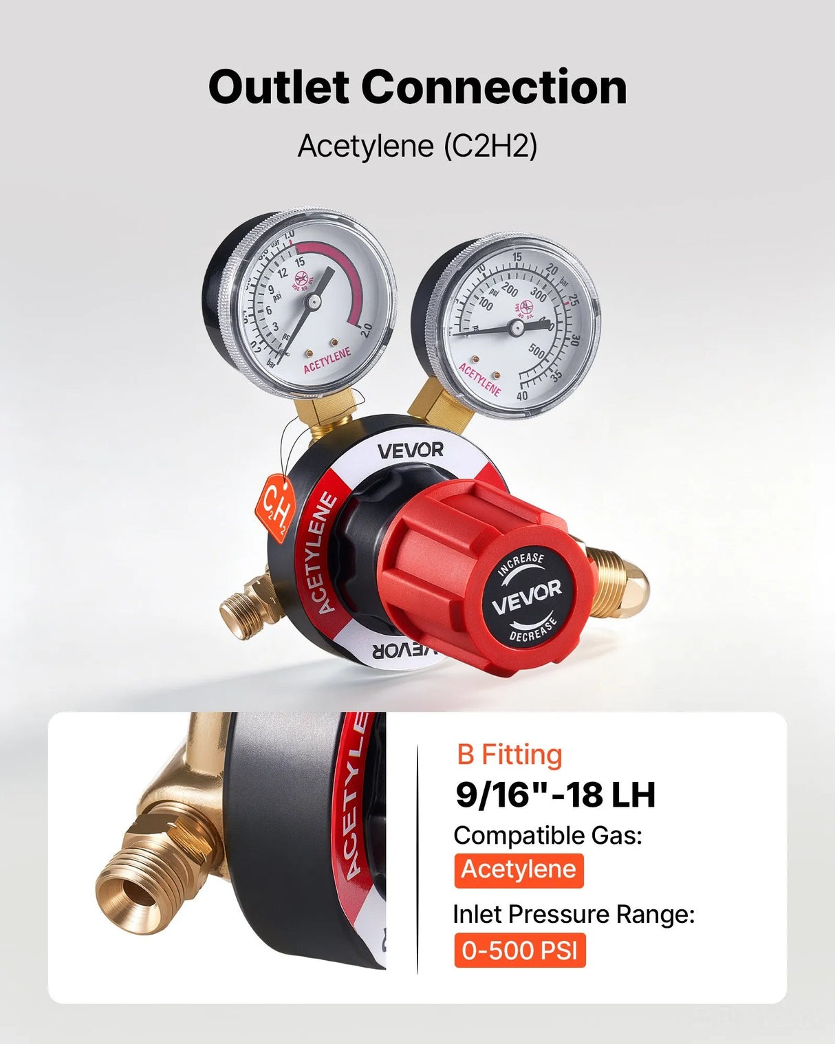 VEVOR Acetylene Regulator, 0–500 PSI Gas Pressure Regulator with Dual Gauges, CGA-510 Inlet & 9/16"-18 LH Outlet for Welding & Cutting