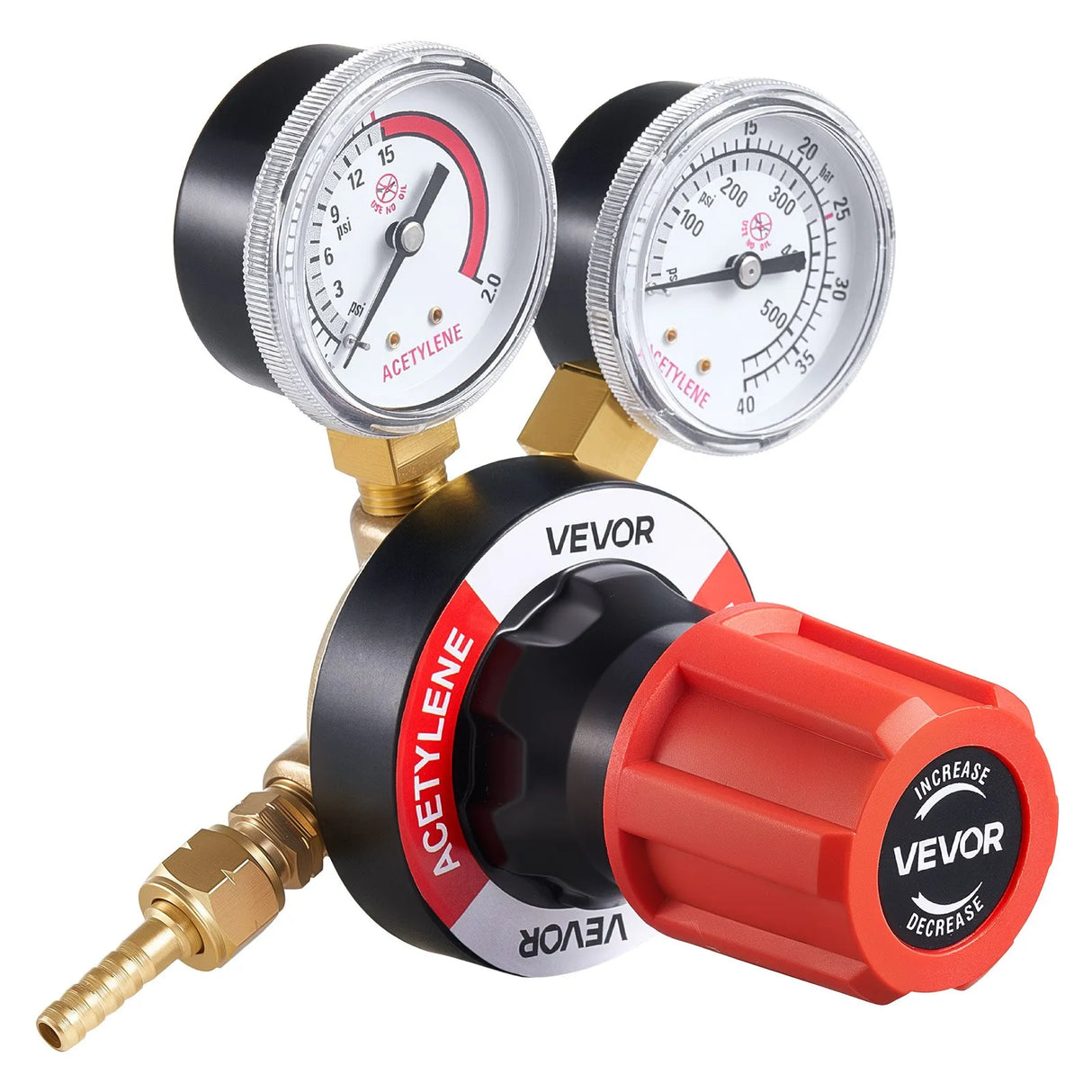 VEVOR Acetylene Regulator, 0–500 PSI Gas Pressure Regulator with Dual Gauges, CGA-510 Inlet & 9/16"-18 LH Outlet for Welding & Cutting
