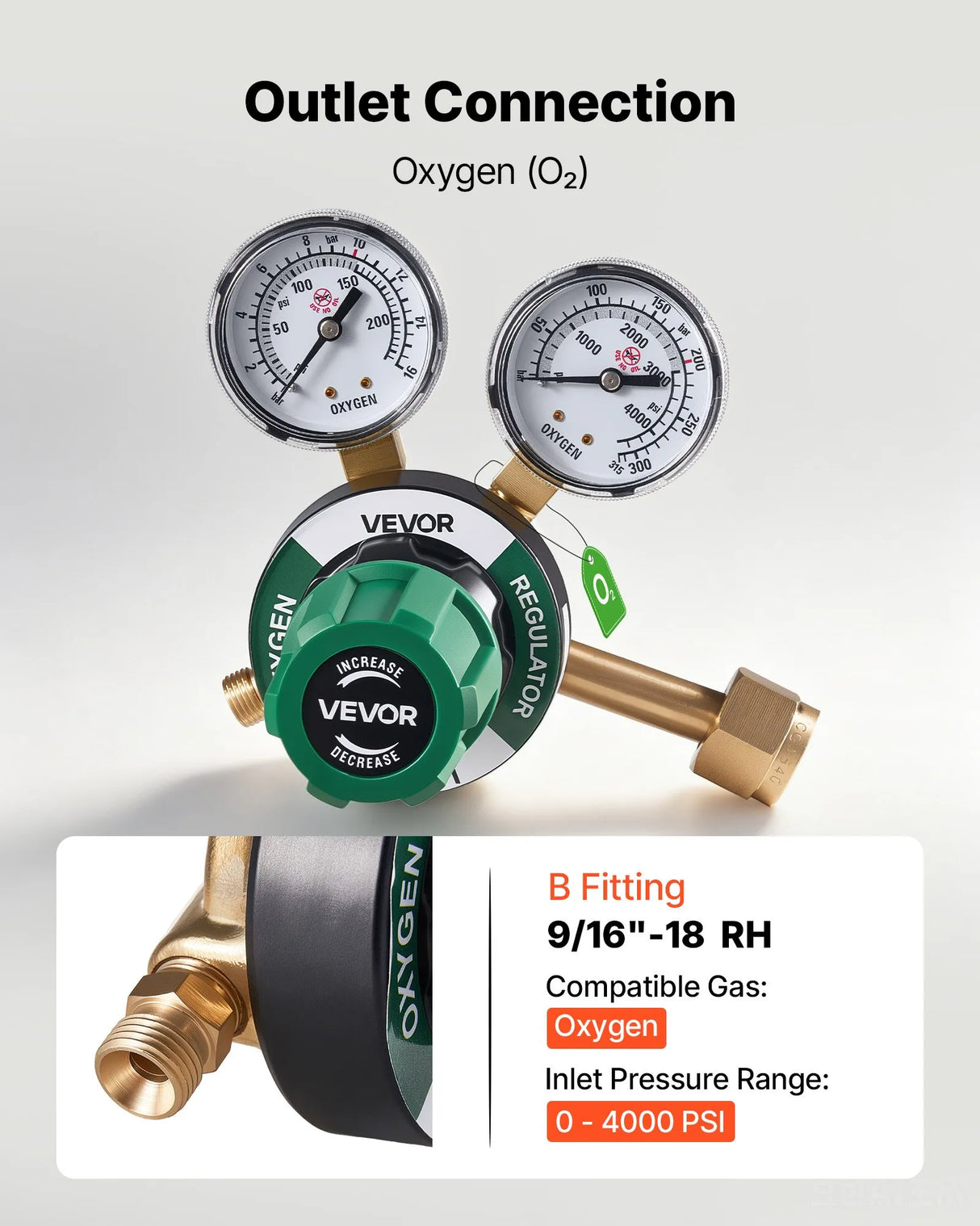 VEVOR Oxygen Regulator, 0–4000 PSI Gas Pressure Regulator with Dual Gauges, CGA-540 Inlet & 9/16"-18 RH Outlet for Welding & Cutting