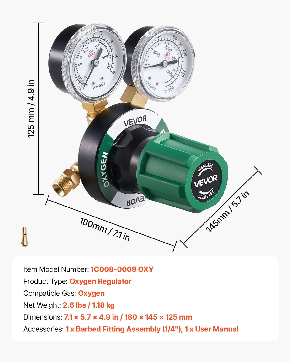 VEVOR Oxygen Regulator, 0–4000 PSI Gas Pressure Regulator with Dual Gauges, CGA-540 Inlet & 9/16"-18 RH Outlet for Welding & Cutting