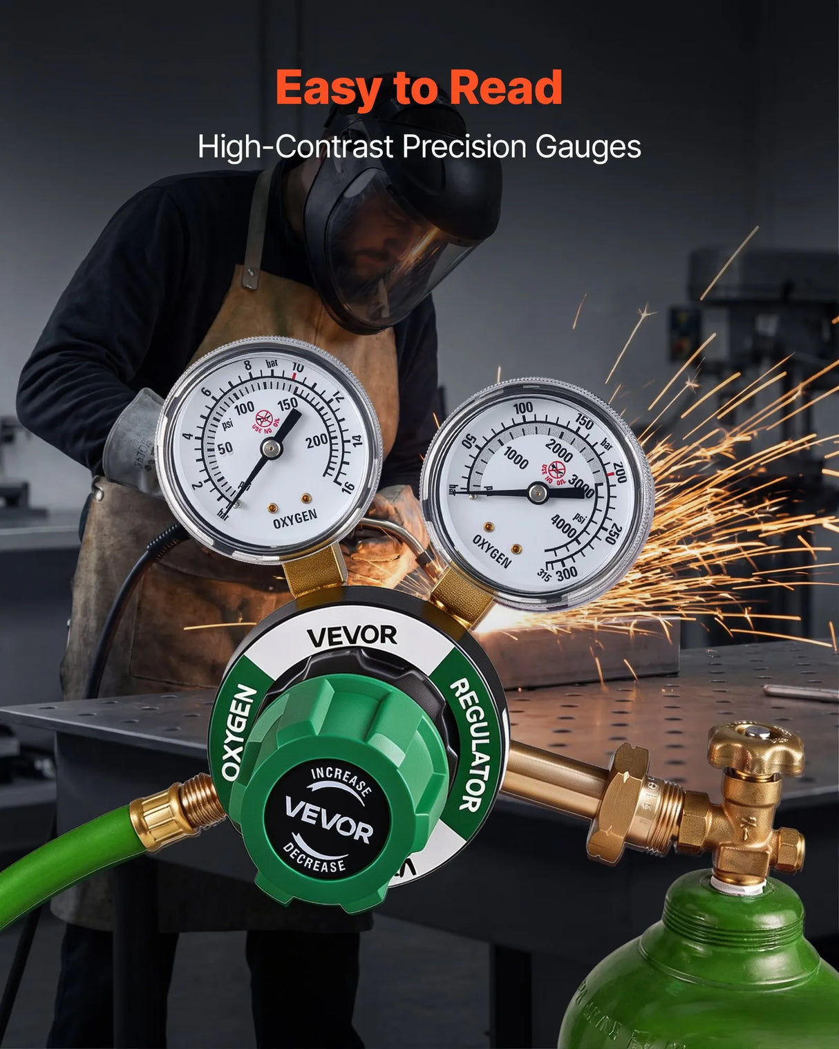 VEVOR Oxygen Regulator, 0–4000 PSI Gas Pressure Regulator with Dual Gauges, CGA-540 Inlet & 9/16"-18 RH Outlet for Welding & Cutting